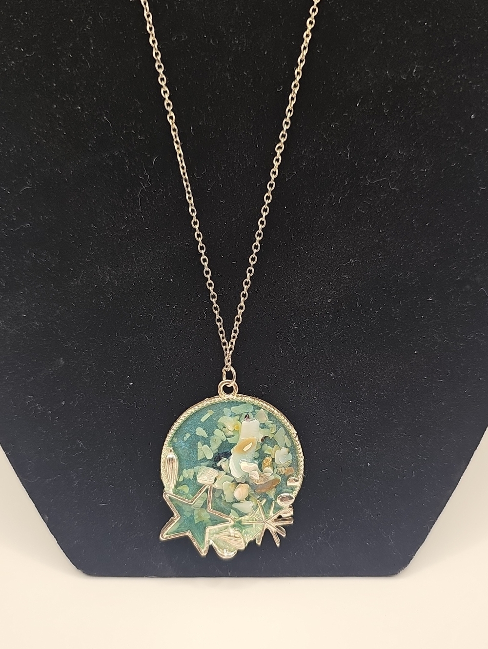 Delicate Teal Floral Star Pendant Necklace, With Resin. Chain 925 Women Jewelry